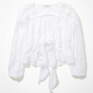 NWT American Eagle White Lace Sleeve Blouse with Tie Front